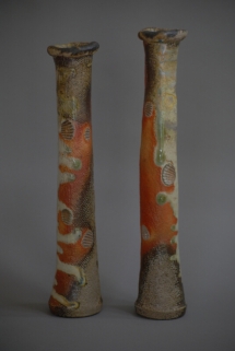 2 Vasen , mit starken grünem Aschefluß - 2011 - 35 x 7 cm / 33 x 6 cm